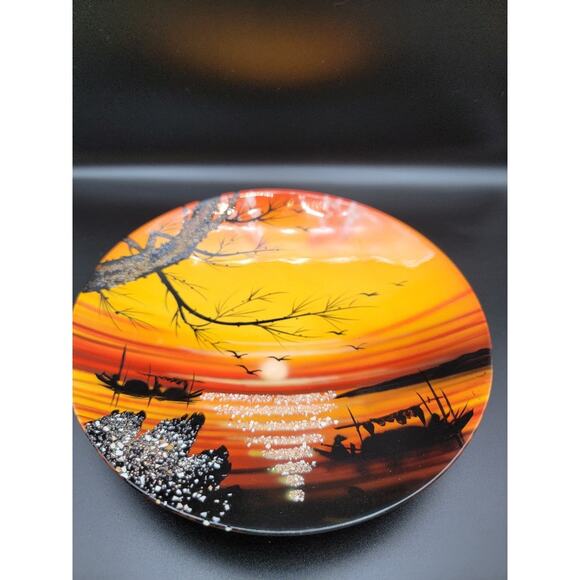 Vietnamese Lacquerware Wall Art Plate Hanging Decor Colorful 8" Orange - Picture 4 of 9